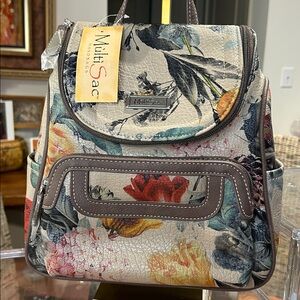 MultiSac Valencia Floral Vegan Leather Zipper Top Backpack 8.5”x 10”x 4.25” NWT